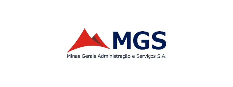 Logotipo da MGS com símbolo em forma de triângulo vermelho e texto Minas Gerais Administração e Serviços S.A. em azul.