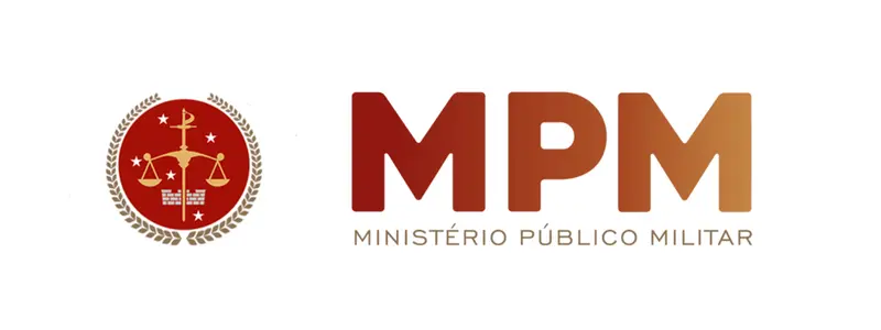 Logotipo do Ministério Público Militar com a sigla MPM em destaque e símbolo institucional com balança da Justiça, espada e ramos circulares em fundo branco
