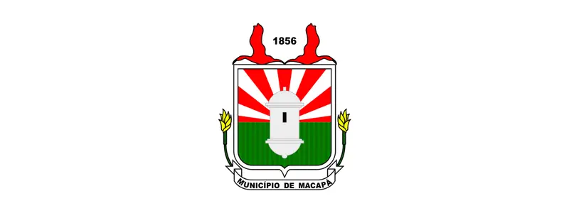 Brasão do Município de Macapá com escudo nas cores vermelho, verde e branco, contendo um monumento central, raios ao fundo, o ano 1856 no topo e a inscrição “Município de Macapá” na base.
