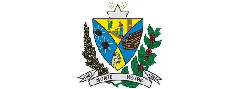 SEMED Monte Negro-RO lança processo seletivo p/ Professores 1 Brasão do município de Monte Negro com elementos agrícolas, industriais e naturais, ladeado por ramos e fita com as datas 1989 e 1992.