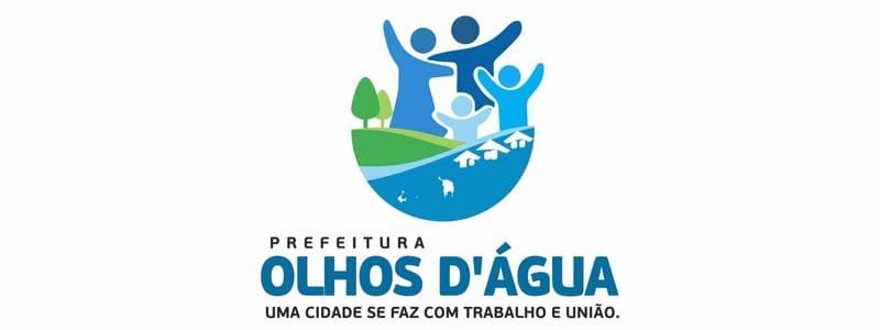 Olhos D’Água abre processo seletivo com 17 vagas de R$ 3 mil 1 Logotipo da Prefeitura de Olhos D’Água MG com ilustração de pessoas, árvores e casas sobre um semicírculo azul e o lema “Uma cidade se faz com trabalho e união” abaixo.