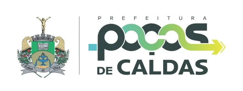 Logotipo da Prefeitura de Poços de Caldas com brasão à esquerda e texto estilizado “Prefeitura Poços de Caldas” à direita, com setas verdes.