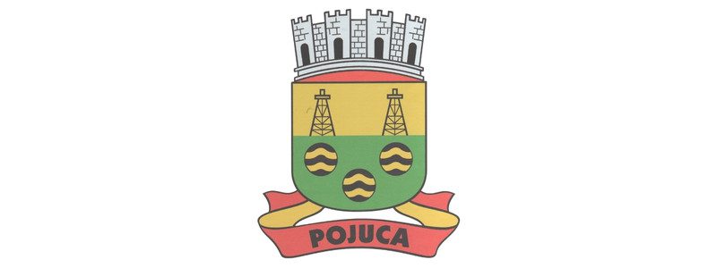 Brasão de Pojuca na Bahia com torre muralhada, dois poços de petróleo e duas figuras onduladas em fundo amarelo e verde com faixa vermelha escrita Pojuca