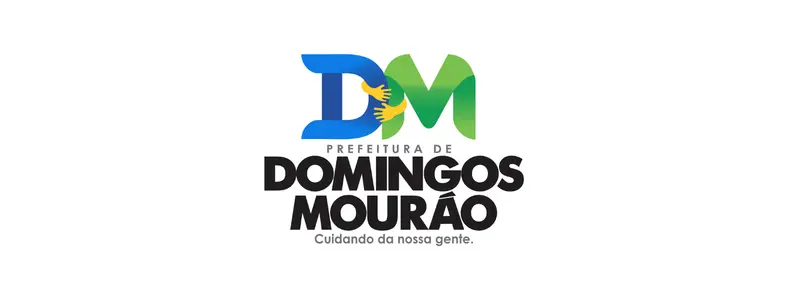 Logotipo da Prefeitura de Domingos Mourão com as letras DM estilizadas em azul e verde, símbolo de aperto de mãos ao centro e o texto “Prefeitura de Domingos Mourão – Cuidando da nossa gente”.