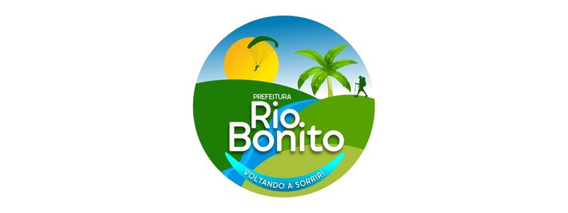 SEMAS Rio Bonito/RJ abre processo seletivo com 64 vagas 1 Logotipo da Prefeitura de Rio Bonito com sol, paraglider, palmeiras, rio e a frase Voltando a Sorrir