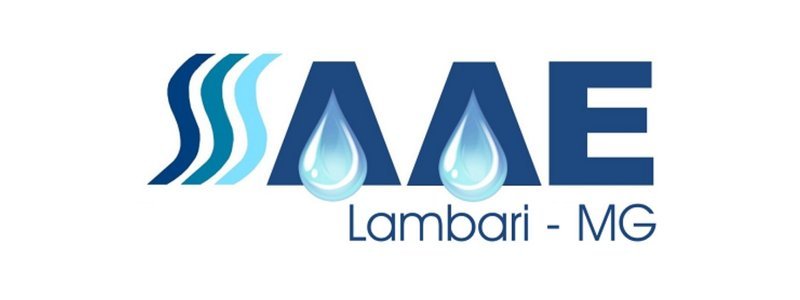 Logotipo do SAAE Lambari-MG com letras estilizadas em azul e gotas de água nas letras A.