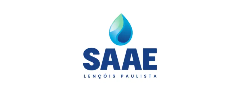 Logotipo do SAAE de Lençóis Paulista com ícone de gota de água em tons de azul e verde acima do nome da autarquia em letras azuis.