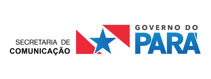 Logotipo da Secretaria de Comunicação do Governo do Pará - SECOM, com símbolo geométrico em vermelho e azul com estrela central e texto institucional ao lado.
