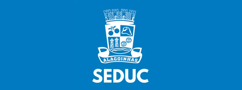 Logotipo da SEDUC de Alagoinhas em fundo azul, com brasão do município em branco e a sigla SEDUC abaixo do símbolo oficial