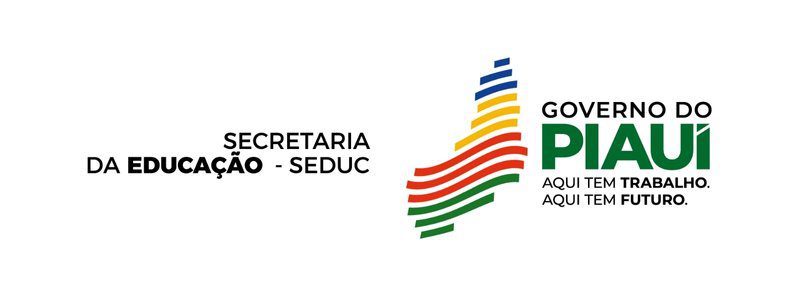 Logotipo da SEDUC-PI e do Governo do Piauí com mapa estilizado do estado em faixas coloridas e os slogans “Aqui tem trabalho. Aqui tem futuro”