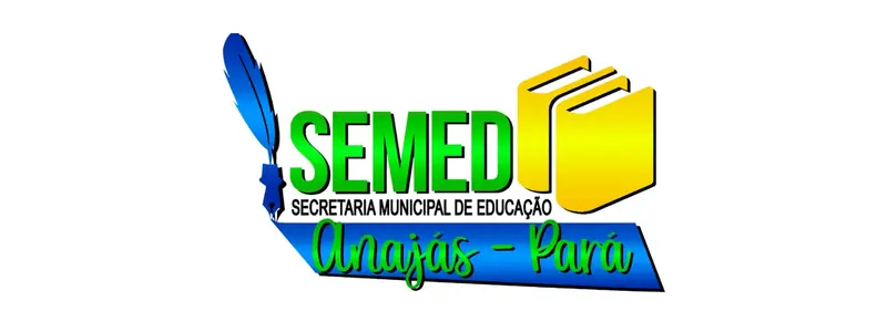 Logo da Secretaria Municipal de Educação de Anajás, Pará, com uma pena azul, livros amarelos e texto em verde e azul indicando SEMED Anajás - Pará.