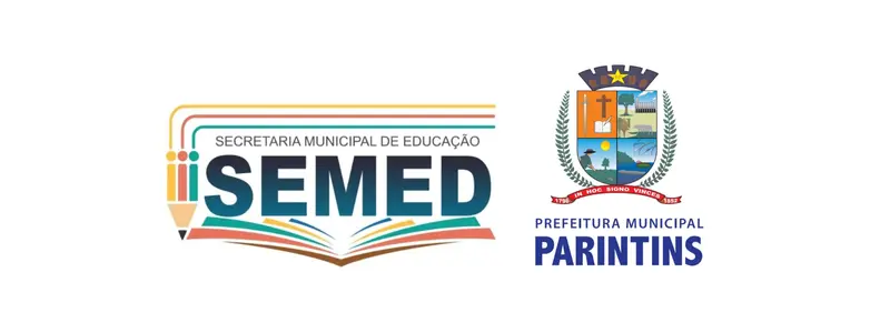 Logotipos da Secretaria Municipal de Educação de Parintins com a sigla SEMED e do brasão oficial da Prefeitura Municipal de Parintins, lado a lado, em fundo branco
