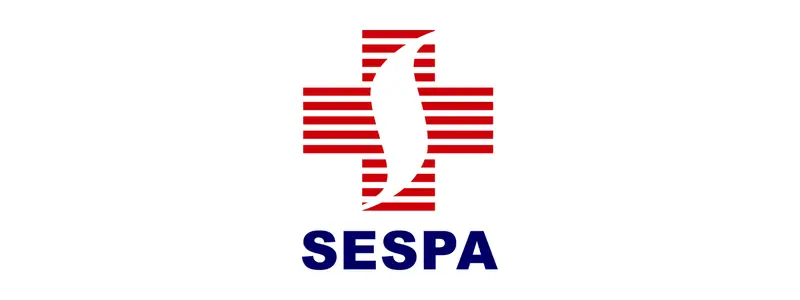 Logotipo da SESPA com uma cruz vermelha formada por linhas horizontais e a letra "S" estilizada no centro, acompanhada da sigla SESPA em azul abaixo.