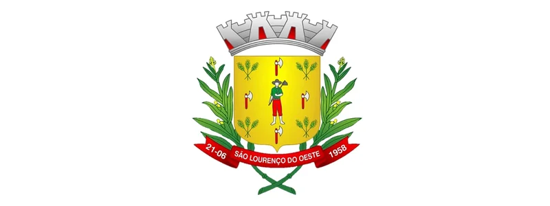 São Lourenço do Oeste/SC abre concurso com 134 vagas para diversos cargos 3 Brasão de São Lourenço do Oeste-SC com escudo amarelo, figura central, ramos verdes laterais, coroa prateada e faixa vermelha com o nome do município.