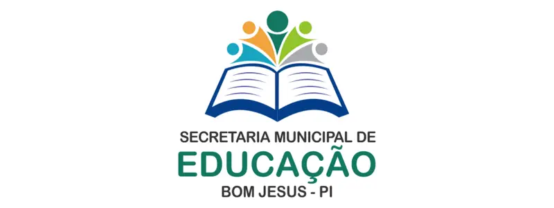 Logo com desenho de livro aberto e três figuras humanas coloridas acima, acompanhada do texto Secretaria Municipal de Educação Bom Jesus – PI