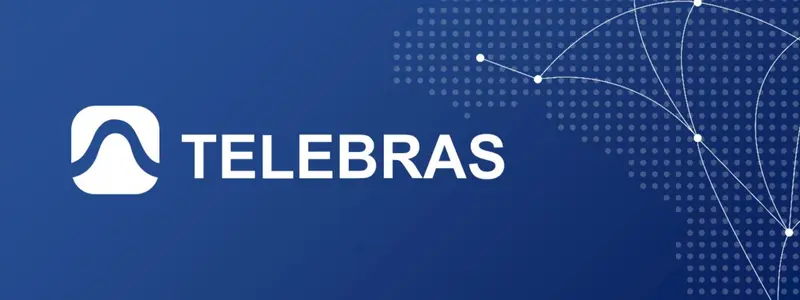 Telebras abre concurso com 930 vagas e salários de R$ 11.680,78 1 Logo da Telebras em fundo azul com mapa estilizado e linhas que representam conexão de rede