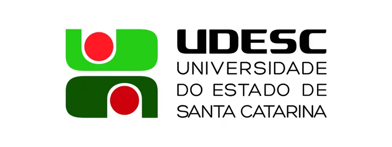 Logotipo da UDESC com símbolo verde e vermelho ao lado do nome Universidade do Estado de Santa Catarina em fundo branco