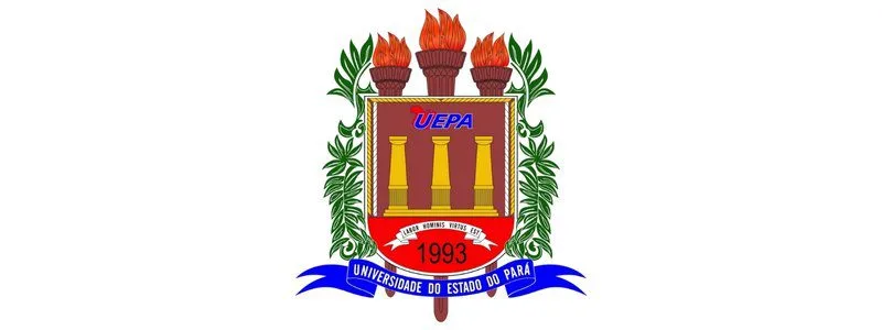 Brasão da Universidade do Estado do Pará - UEPA com tochas acesas, colunas, folhas verdes e faixa azul com o nome da instituição.
