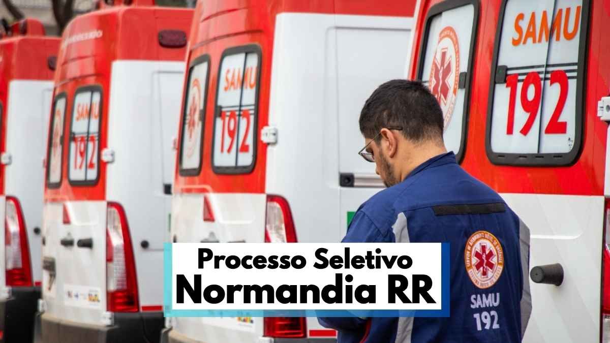 Normandia RR abre processo seletivo com 10 Vagas no SAMU 1 A imagem mostra várias ambulâncias do SAMU 192 enfileiradas, com destaque para a traseira dos veículos nas cores branca e vermelha. Em primeiro plano, um profissional de saúde com uniforme azul escuro e o logotipo do SAMU nas costas aparece de perfil, aparentemente conferindo informações em um documento. Na parte inferior da imagem, há uma faixa com os dizeres “Processo Seletivo Normandia RR”, indicando a divulgação de uma seleção pública.