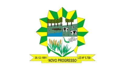 Brasão do município de Novo Progresso, Pará, com elementos que representam floresta, gado, rio e vegetação sobre fundo em formato de estrela verde e amarela