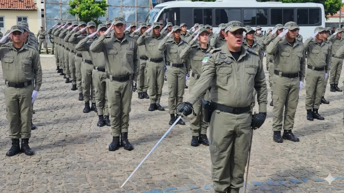 Formação de policiais militares da PMRN em continência durante cerimônia de instrução com oficial à frente segurando espada.
