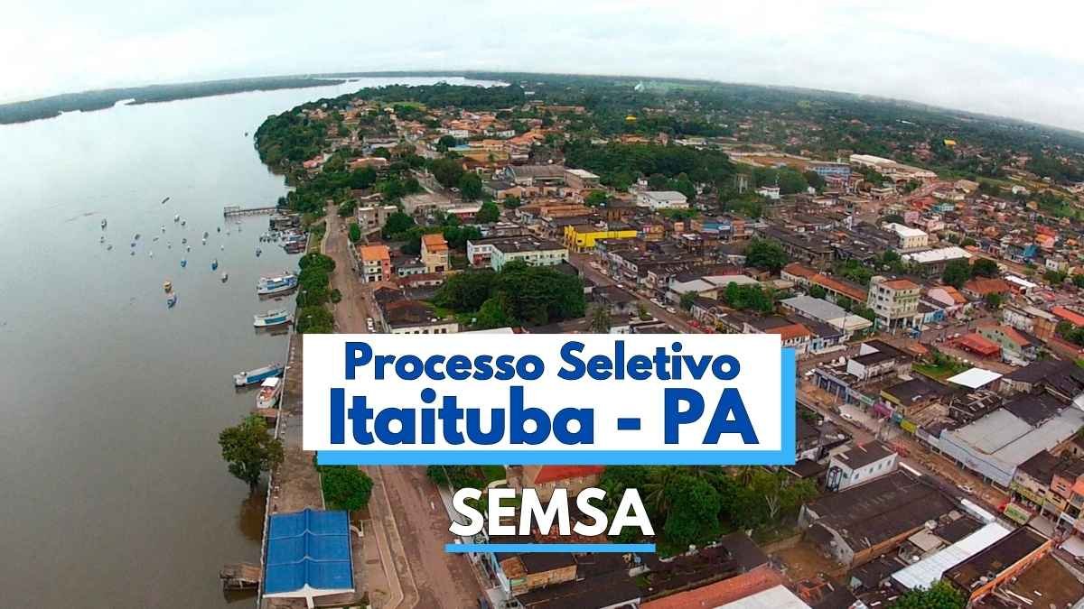 PSS Itaituba PA oferece salários de até R$ 2,9 mil na Saúde 1 Imagem aérea da cidade de Itaituba, no estado do Pará, mostrando o centro urbano às margens do rio Tapajós, com ruas, casas e vegetação. No centro da imagem, há uma faixa com os dizeres “Processo Seletivo Itaituba - PA SEMSA”, destacando a abertura de vagas temporárias na área da saúde pela Secretaria Municipal de Saúde do município.