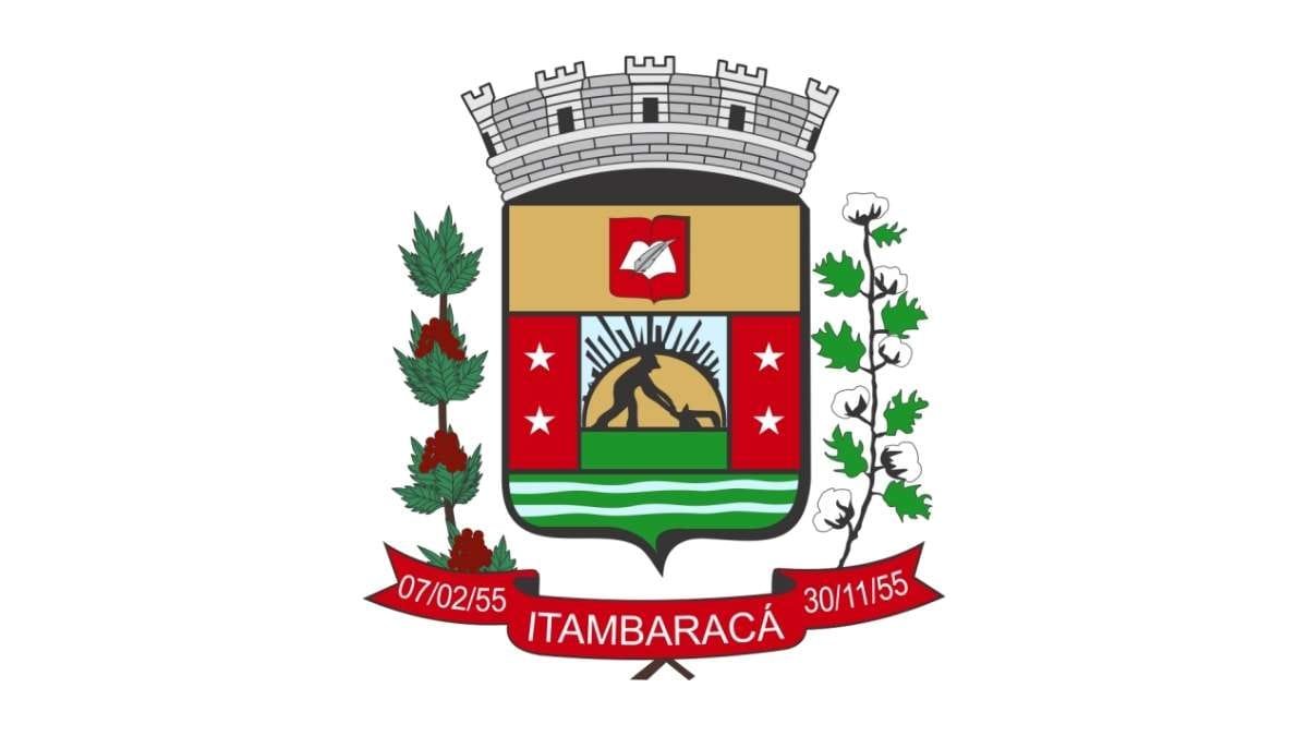PSS Itambaracá - PR: 53 vagas com salário de até R$ 3,4 mil 1 Brasão do município de Itambaracá, no Paraná, com escudo central dividido em três partes: ao centro, um trabalhador rural lavrando a terra sob um sol nascente; acima, um livro aberto sobre fundo dourado; nas laterais, estrelas brancas sobre fundo vermelho. À esquerda do escudo, há um ramo de café; à direita, um ramo de algodão. Na base, faixa vermelha com as datas 07/02/55 e 30/11/55 e o nome ITAMBARACÁ. O brasão é encimado por uma coroa mural prateada.