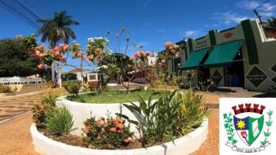 Canteiro central circular com flores em tons de salmão e folhagens verdes em uma praça urbana, com estabelecimentos comerciais ao fundo e o brasão de Bilac inserido no canto inferior direito. Foto: Divulgação/Prefeitura de Bilac-SP