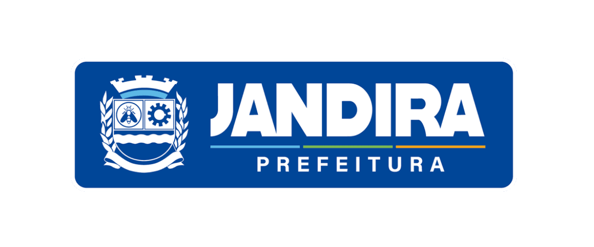 Prefeitura de Jandira SP lança processo seletivo c/ 69 vagas 2 Logotipo oficial da Prefeitura de Jandira, em São Paulo, com fundo azul e bordas arredondadas em branco. À esquerda, está o brasão do município em branco, com elementos como uma engrenagem e uma abelha, representando o trabalho e a identidade local. À direita, o nome "JANDIRA" em letras maiúsculas brancas e, abaixo, a palavra "PREFEITURA" com uma linha horizontal tricolor nas cores azul, verde e laranja.