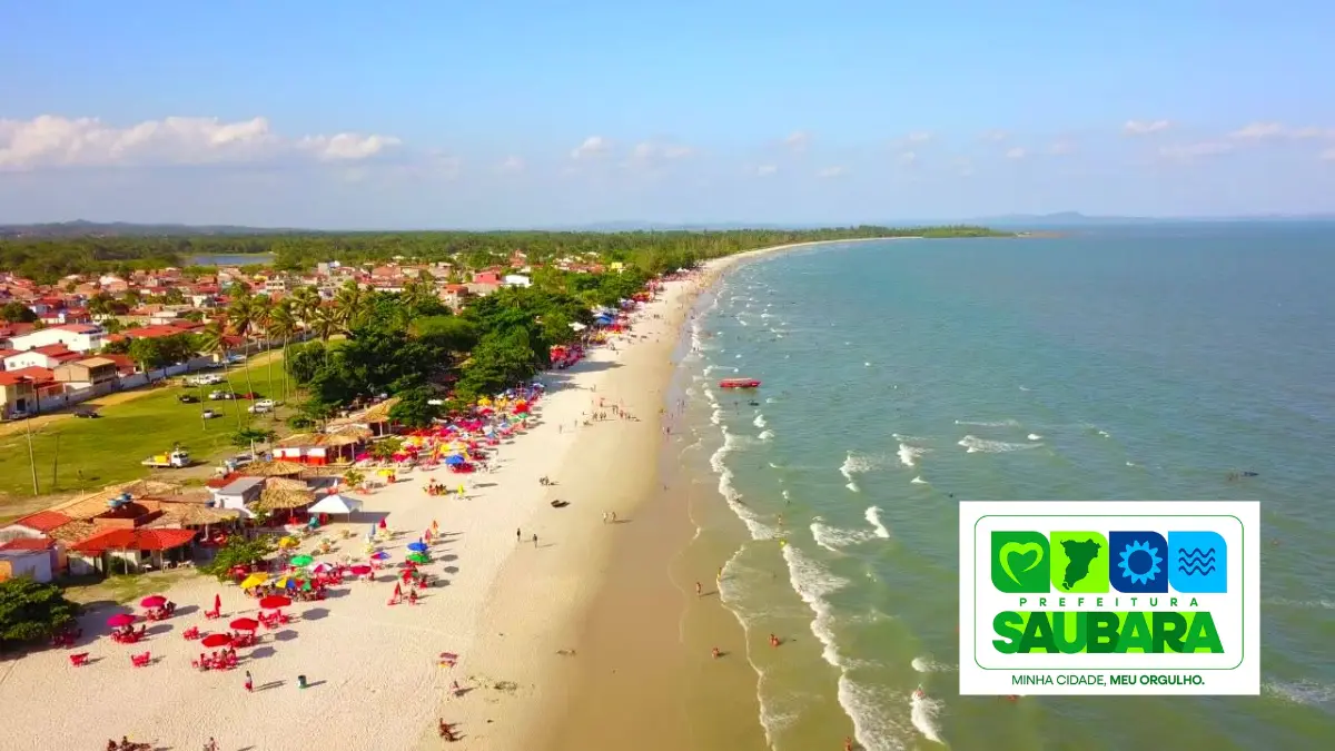 Concurso Saubara BA com imagem aérea do litoral e da cidade de Saubara na Bahia