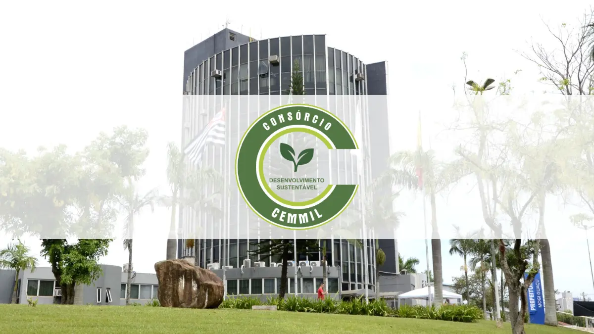 Logotipo do Consórcio CEMMIL sobreposto à fachada da Prefeitura de Mogi Guaçu, processo seletivo CEMMIL Mogi Guaçu SP
