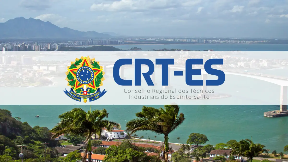 Processo Seletivo CRT ES divulga resultado definitivo das inscrições; provas em julho 1 Logotipo do CRT-ES, Conselho Regional dos Técnicos Industriais do Espírito Santo, com brasão do Brasil e paisagem litorânea ao fundo, referente ao processo seletivo CRT ES