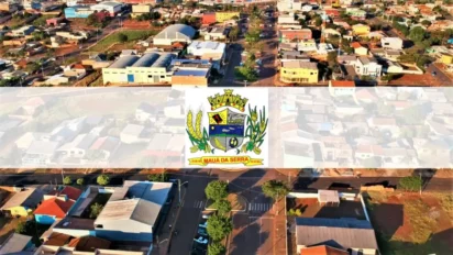 Vista aérea da cidade e brasão no processo seletivo Mauá da Serra PR