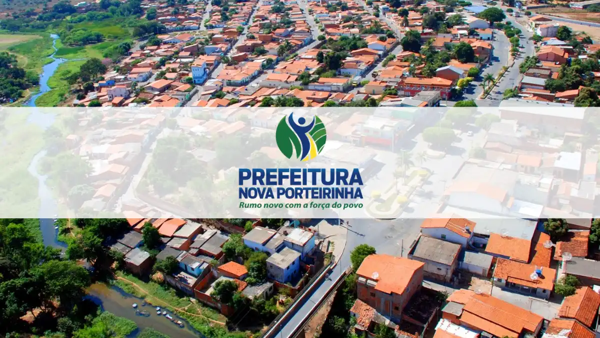 Imagem do processo seletivo Nova Porteirinha MG com logotipo da Prefeitura Municipal e vista aérea da cidade