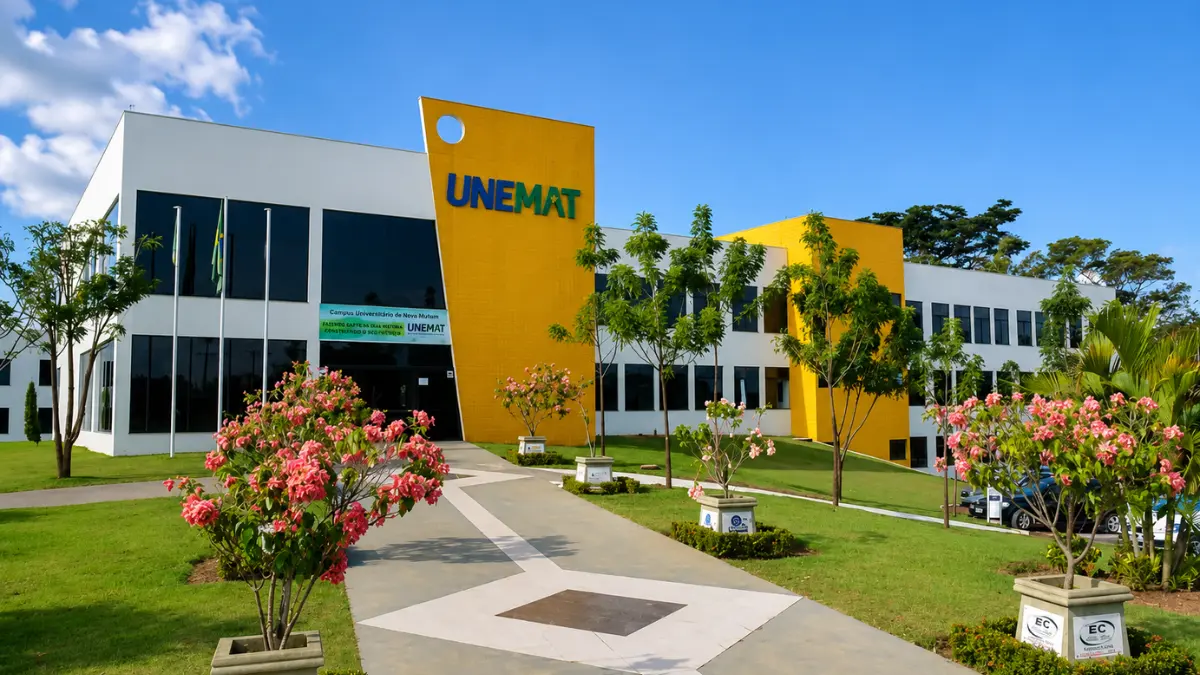 Campus da UNEMAT com fachada amarela e logotipo da universidade, referência ao processo seletivo UNEMAT 2026