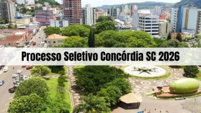 Processo seletivo Concórdia SC 2026 — vista aérea do centro da cidade de Concórdia, em Santa Catarina