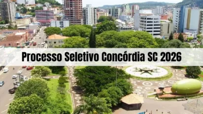 Processo seletivo Concórdia SC 2026 — vista aérea do centro da cidade de Concórdia, em Santa Catarina