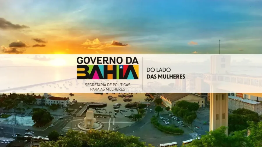 REDA SPM BA 2026 — logotipo do Governo da Bahia com a Secretaria de Políticas para as Mulheres ao fundo de Salvador