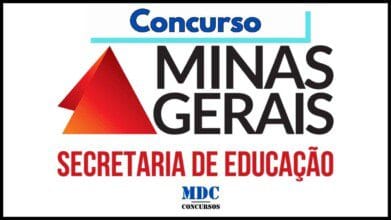 Imagem promocional do concurso público da Secretaria de Estado de Educação de Minas Gerais - SEE MG. No centro, aparece o logotipo do Governo de Minas Gerais com um triângulo vermelho estilizado e as palavras “Minas Gerais” em letras grandes e pretas. Abaixo, em vermelho, está escrito “Secretaria de Educação”. No topo, em destaque azul, aparece a palavra “Concurso”. No rodapé, consta a marca “MDC Concursos”.