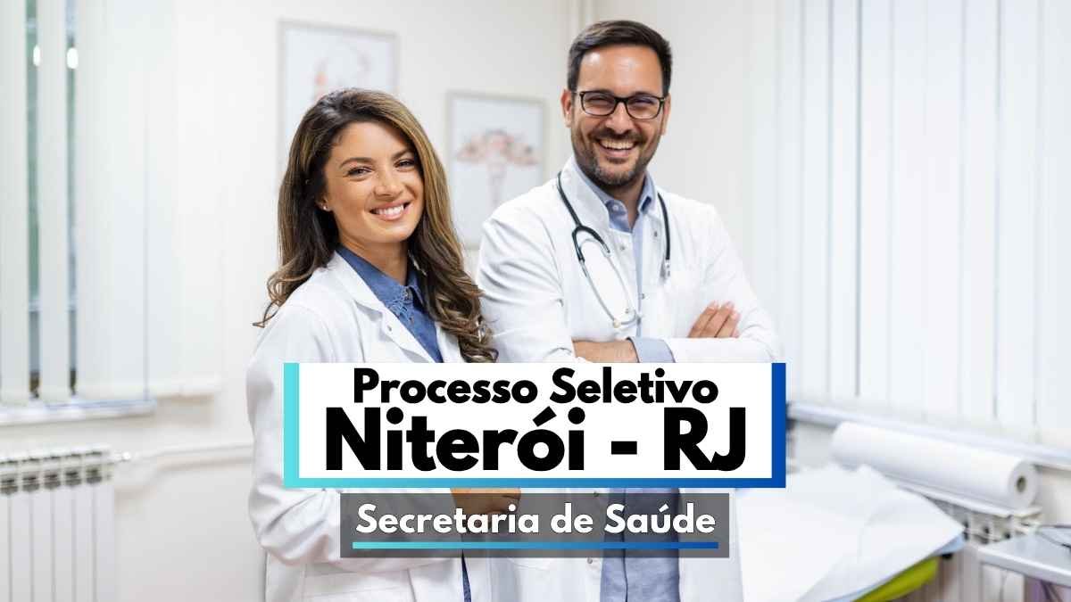 Saúde de Niterói lança processo seletivo com 144 vagas 1 A imagem mostra dois profissionais da área da saúde, um homem e uma mulher, ambos usando jalecos brancos e sorrindo em um ambiente clínico bem iluminado. No centro da imagem, há uma faixa com os dizeres “Processo Seletivo Niterói - RJ” e, logo abaixo, “Secretaria de Saúde”, indicando a divulgação de um processo seletivo promovido pela Secretaria Municipal de Saúde de Niterói. Ao fundo, é possível ver equipamentos médicos e uma maca, sugerindo que o local é um consultório ou sala de atendimento.