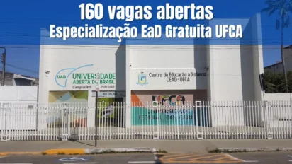 Fachada do Centro de Educação a Distância CEAD-UFCA, polo UAB do Campus Icó, com texto 160 vagas abertas – Especialização EaD Gratuita UFCA