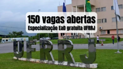 Especialização EaD gratuita UFRRJ: campus da universidade com destaque para anúncio de 150 vagas abertas