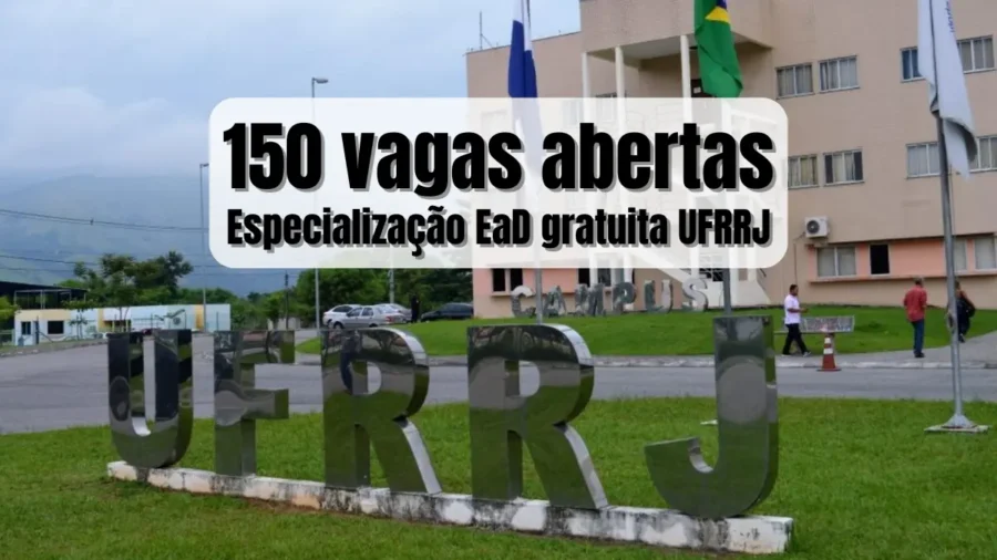 Especialização EaD gratuita UFRRJ: campus da universidade com destaque para anúncio de 150 vagas abertas